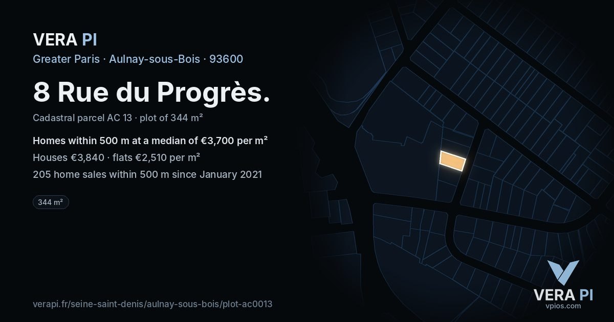 8 Rue du Progrès, Aulnay-sous-Bois at night – the plot lit, the parcels around coloured by the prices near them