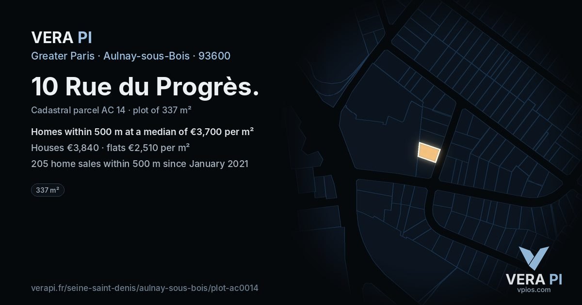 10 Rue du Progrès, Aulnay-sous-Bois at night – the plot lit, the parcels around coloured by the prices near them