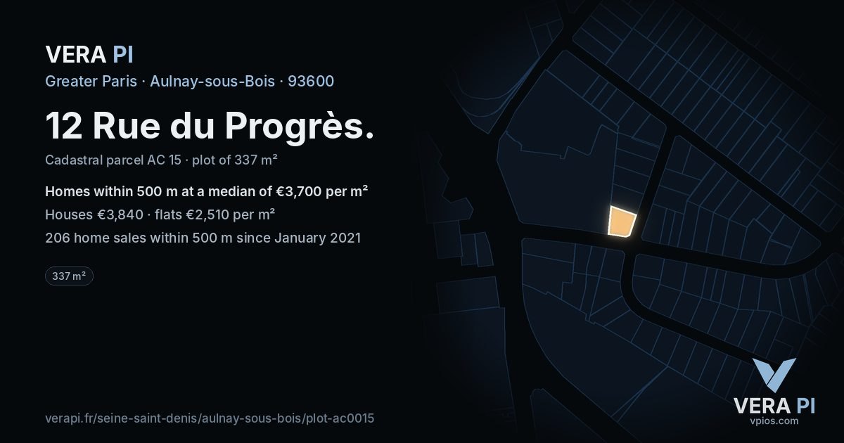 12 Rue du Progrès, Aulnay-sous-Bois at night – the plot lit, the parcels around coloured by the prices near them