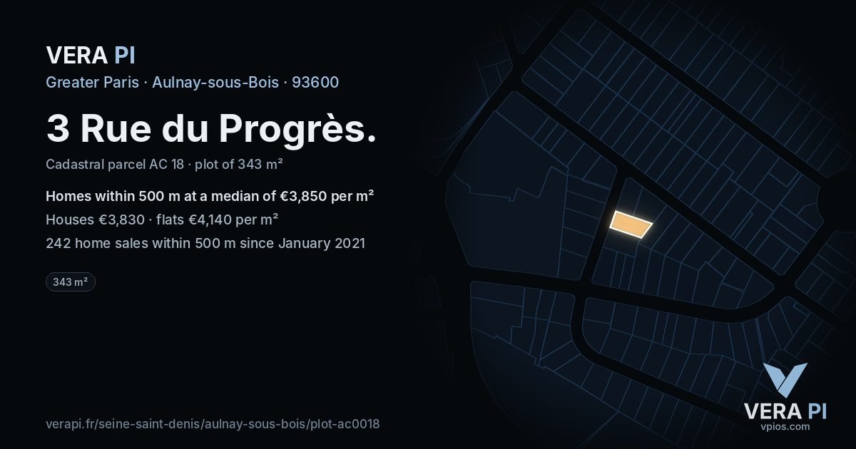 3 Rue du Progrès, Aulnay-sous-Bois at night – the plot lit, the parcels around coloured by the prices near them
