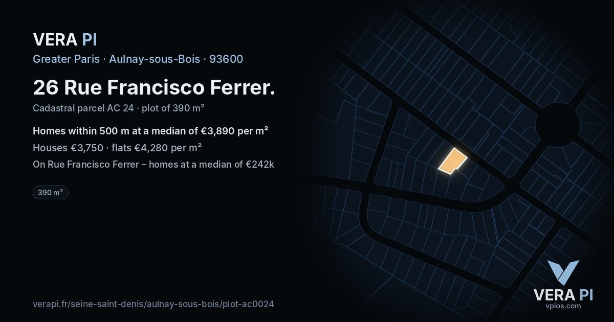 26 Rue Francisco Ferrer, Aulnay-sous-Bois at night – the plot lit, the parcels around coloured by the prices near them
