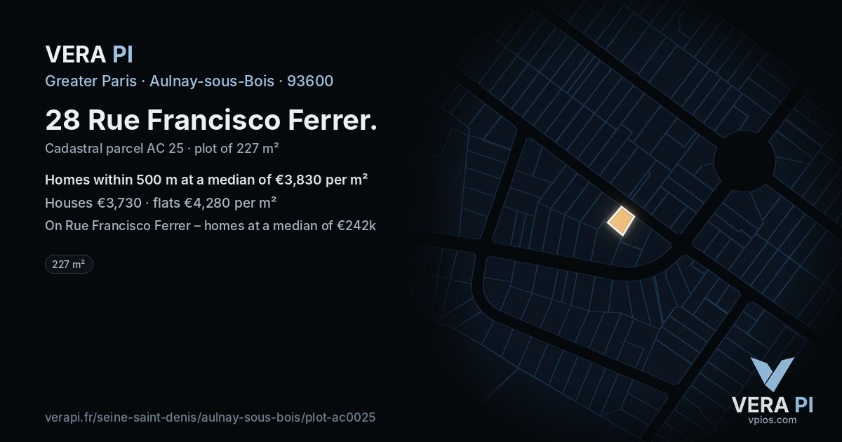 28 Rue Francisco Ferrer, Aulnay-sous-Bois at night – the plot lit, the parcels around coloured by the prices near them