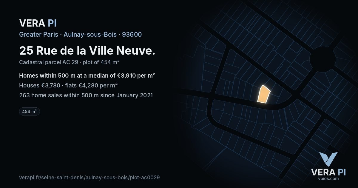 25 Rue de la Ville Neuve, Aulnay-sous-Bois at night – the plot lit, the parcels around coloured by the prices near them
