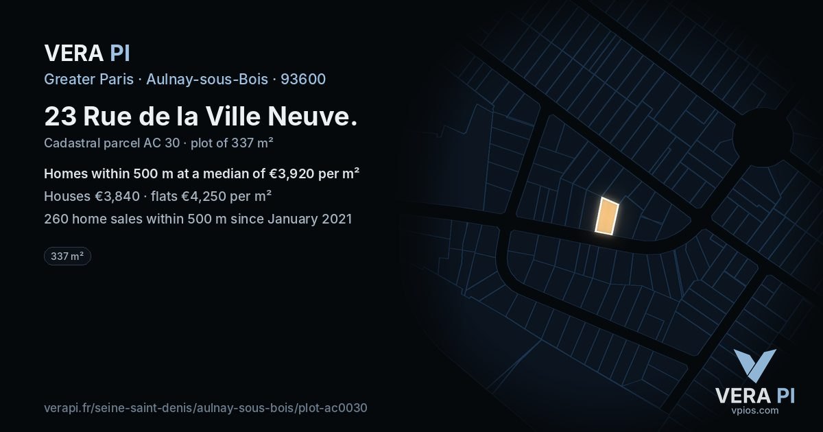 23 Rue de la Ville Neuve, Aulnay-sous-Bois at night – the plot lit, the parcels around coloured by the prices near them