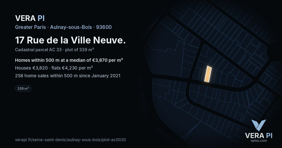 17 Rue de la Ville Neuve, Aulnay-sous-Bois at night – the plot lit, the parcels around coloured by the prices near them