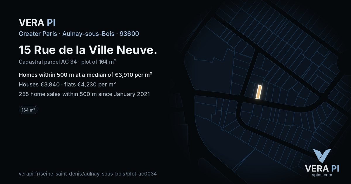 15 Rue de la Ville Neuve, Aulnay-sous-Bois at night – the plot lit, the parcels around coloured by the prices near them