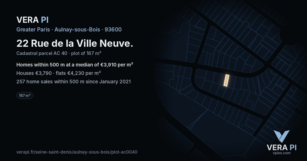 22 Rue de la Ville Neuve, Aulnay-sous-Bois at night – the plot lit, the parcels around coloured by the prices near them