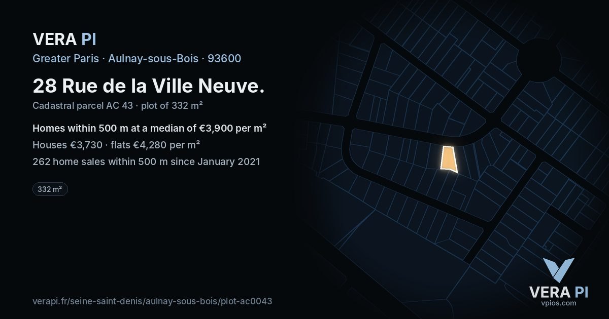 28 Rue de la Ville Neuve, Aulnay-sous-Bois at night – the plot lit, the parcels around coloured by the prices near them