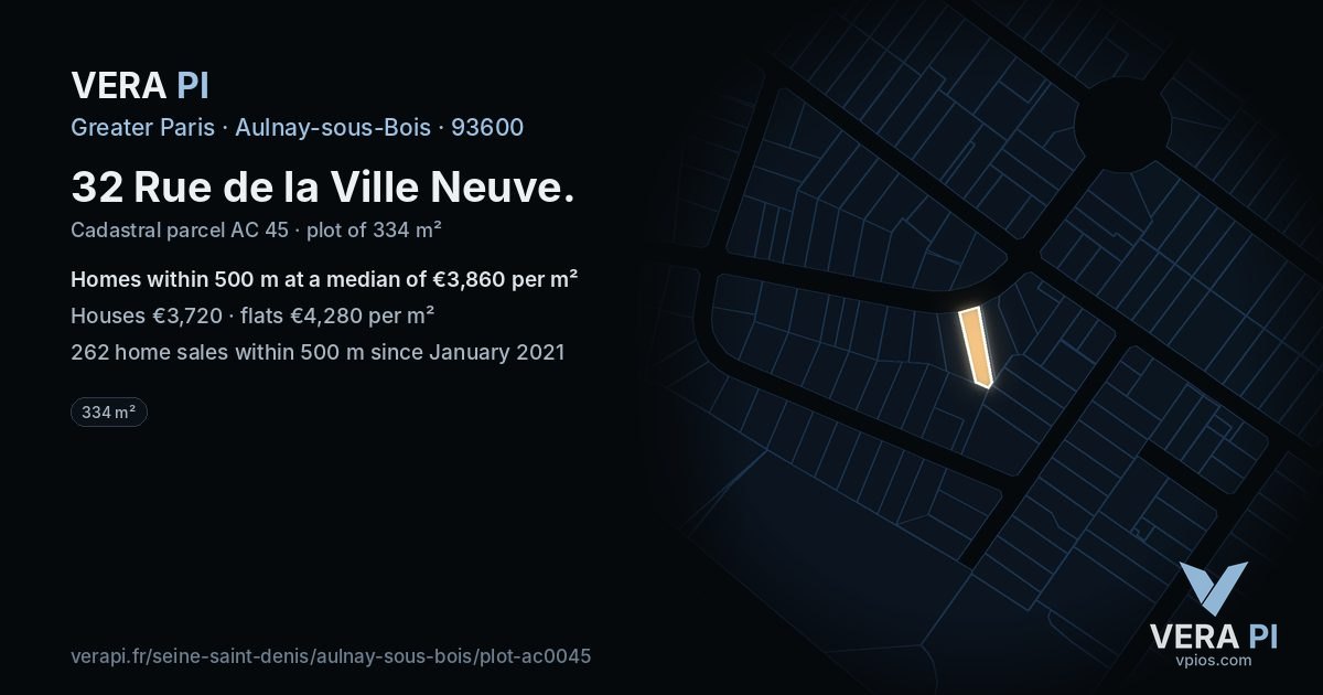 32 Rue de la Ville Neuve, Aulnay-sous-Bois at night – the plot lit, the parcels around coloured by the prices near them