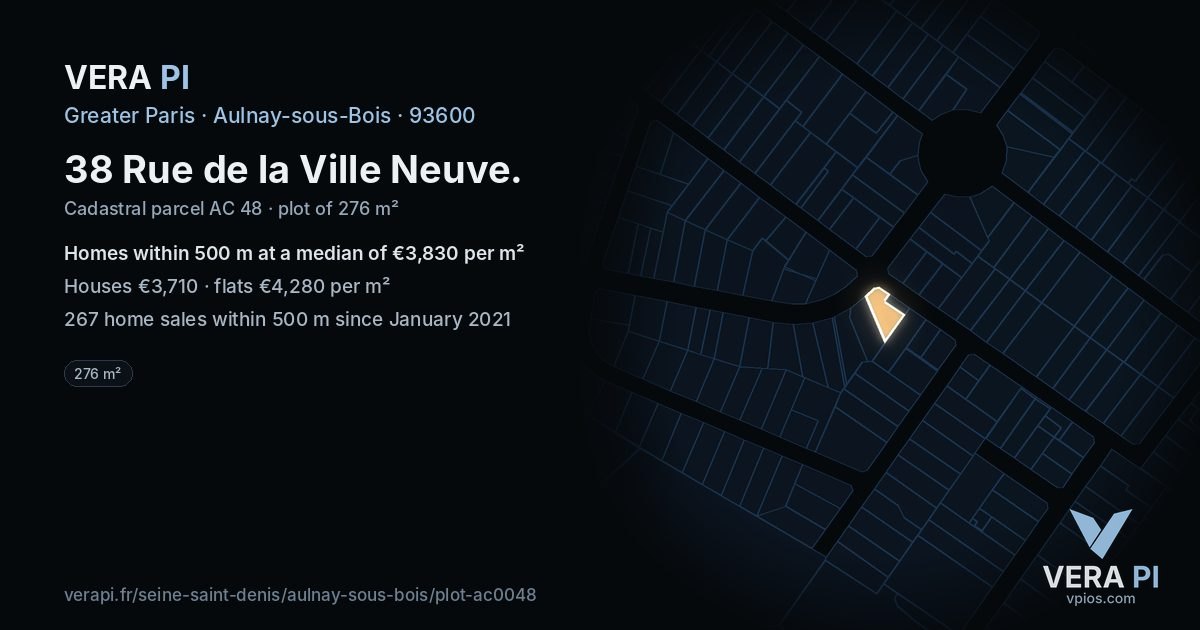 38 Rue de la Ville Neuve, Aulnay-sous-Bois at night – the plot lit, the parcels around coloured by the prices near them