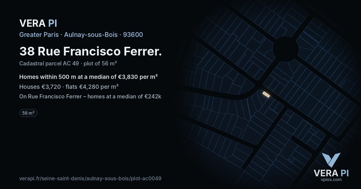 38 Rue Francisco Ferrer, Aulnay-sous-Bois at night – the plot lit, the parcels around coloured by the prices near them