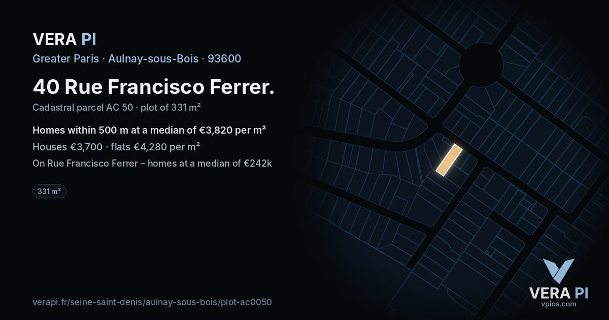 40 Rue Francisco Ferrer, Aulnay-sous-Bois at night – the plot lit, the parcels around coloured by the prices near them