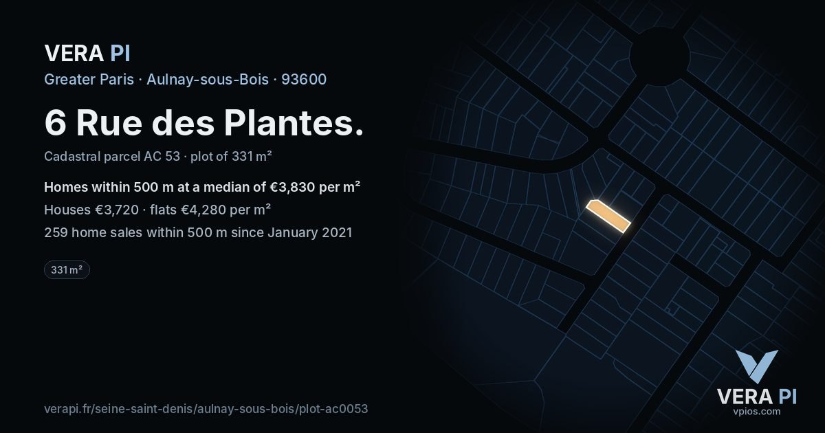 6 Rue des Plantes, Aulnay-sous-Bois at night – the plot lit, the parcels around coloured by the prices near them