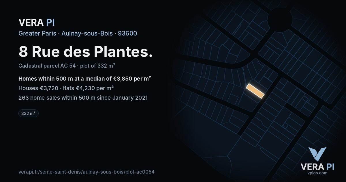 8 Rue des Plantes, Aulnay-sous-Bois at night – the plot lit, the parcels around coloured by the prices near them
