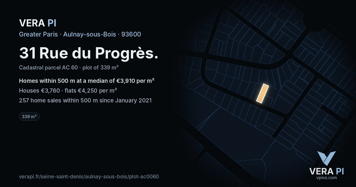 31 Rue du Progrès, Aulnay-sous-Bois at night – the plot lit, the parcels around coloured by the prices near them