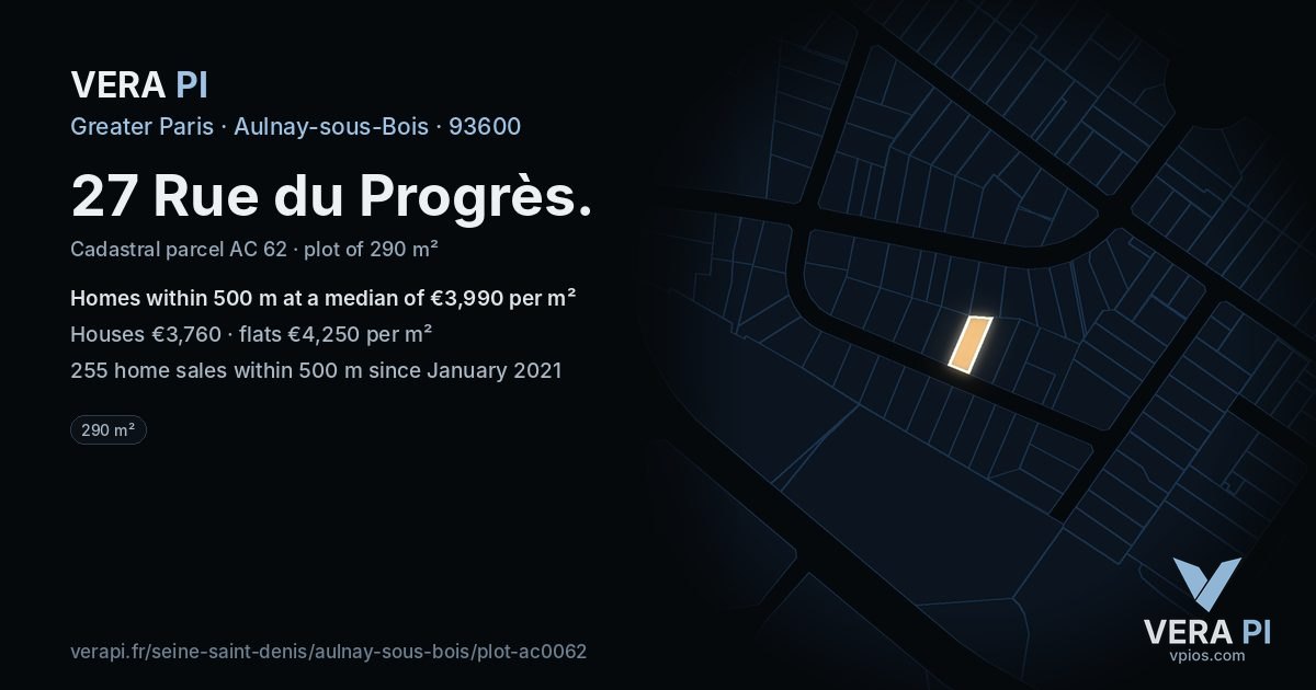 27 Rue du Progrès, Aulnay-sous-Bois at night – the plot lit, the parcels around coloured by the prices near them