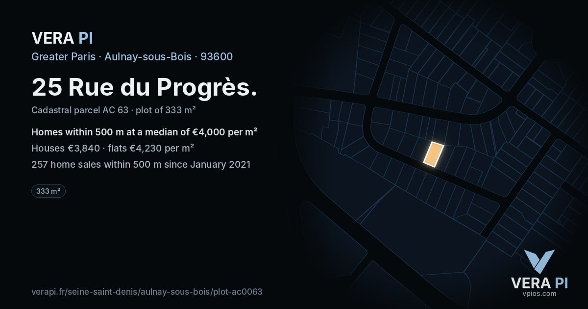 25 Rue du Progrès, Aulnay-sous-Bois at night – the plot lit, the parcels around coloured by the prices near them