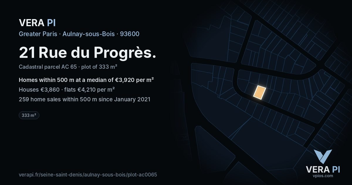21 Rue du Progrès, Aulnay-sous-Bois at night – the plot lit, the parcels around coloured by the prices near them