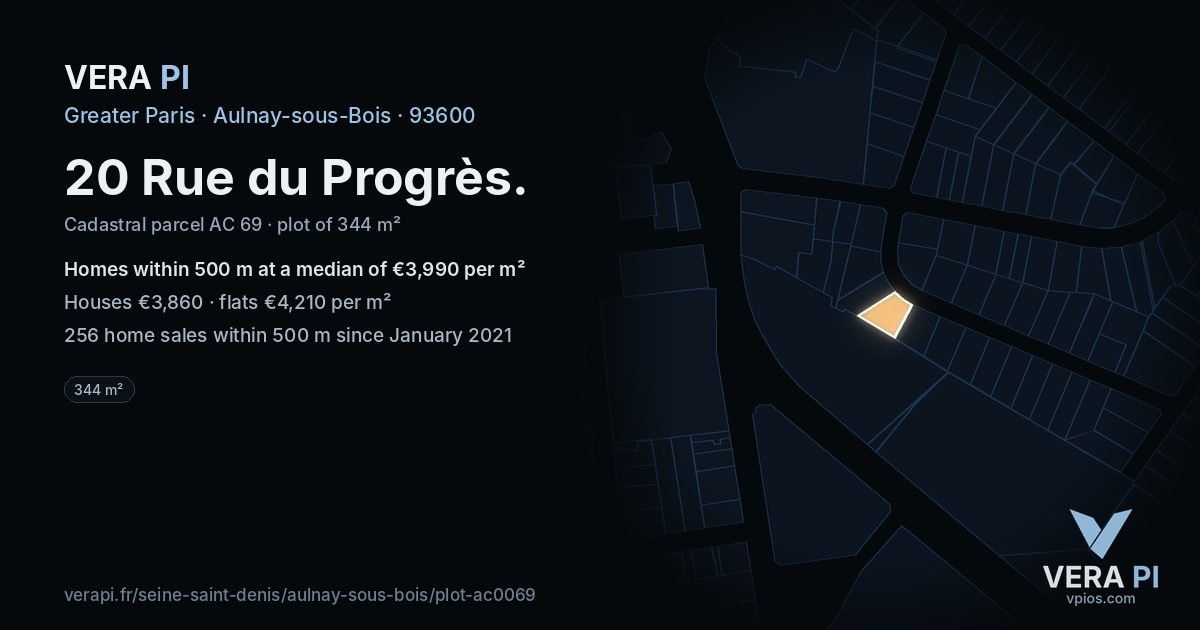 20 Rue du Progrès, Aulnay-sous-Bois at night – the plot lit, the parcels around coloured by the prices near them