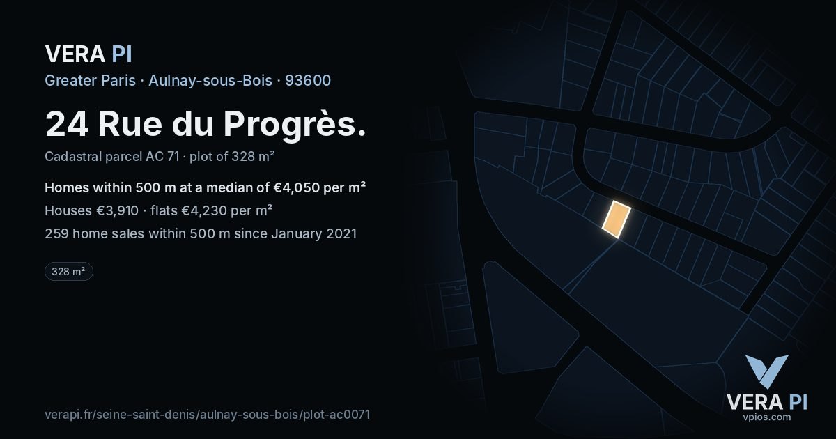 24 Rue du Progrès, Aulnay-sous-Bois at night – the plot lit, the parcels around coloured by the prices near them