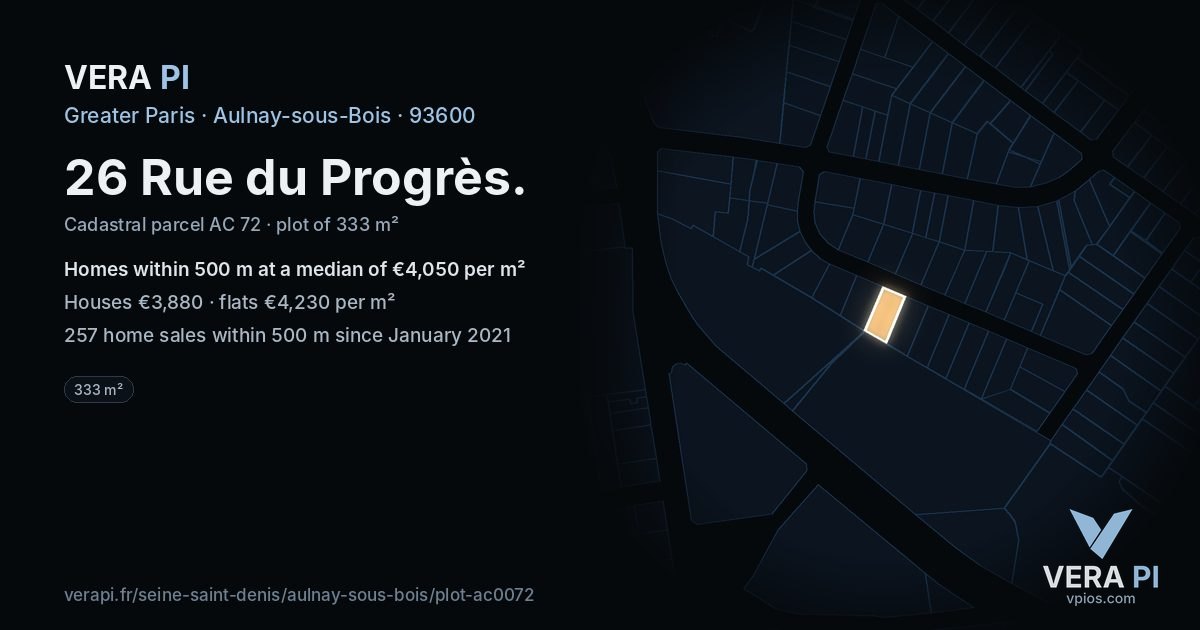 26 Rue du Progrès, Aulnay-sous-Bois at night – the plot lit, the parcels around coloured by the prices near them