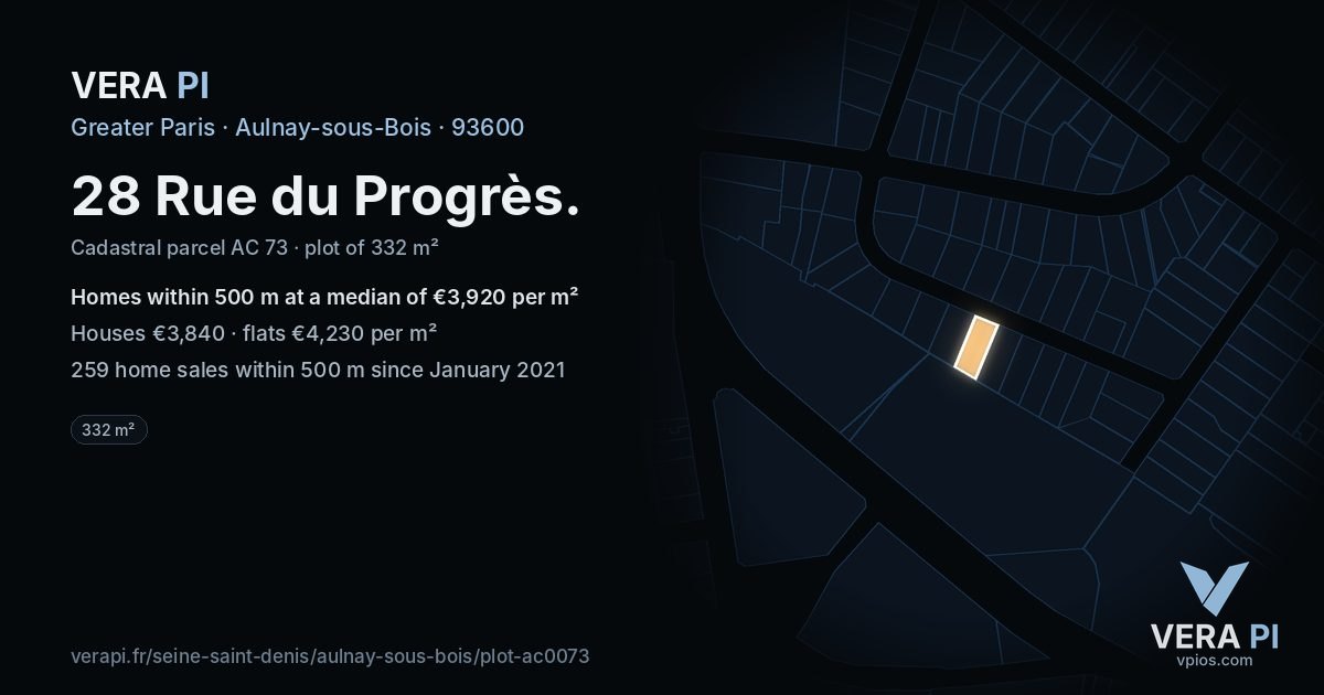 28 Rue du Progrès, Aulnay-sous-Bois at night – the plot lit, the parcels around coloured by the prices near them