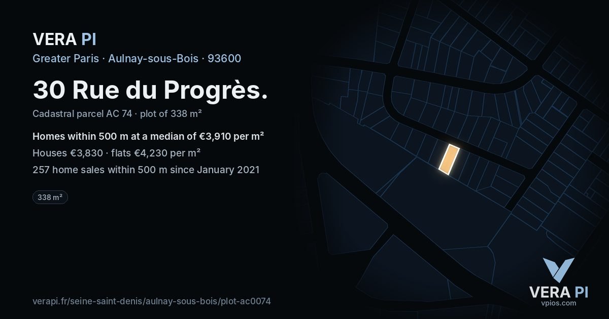 30 Rue du Progrès, Aulnay-sous-Bois at night – the plot lit, the parcels around coloured by the prices near them
