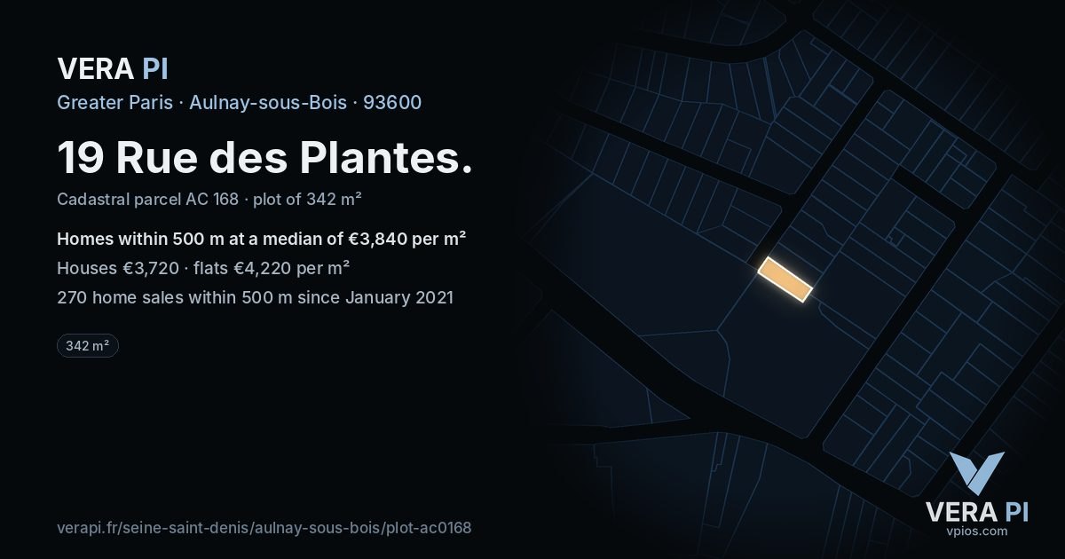 19 Rue des Plantes, Aulnay-sous-Bois at night – the plot lit, the parcels around coloured by the prices near them