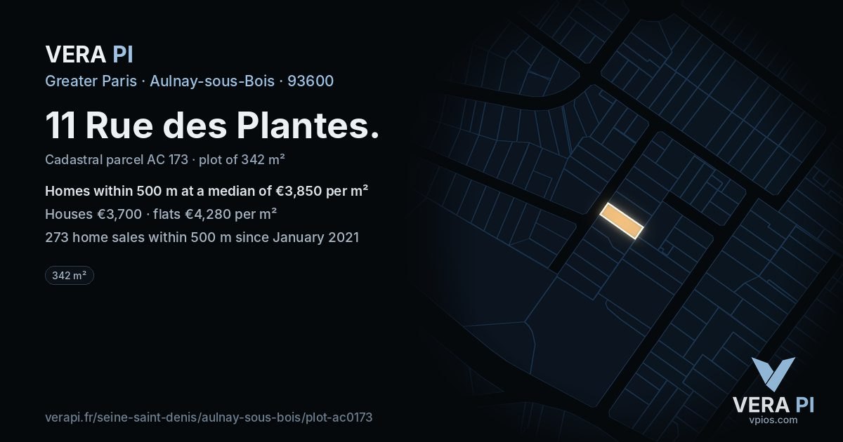 11 Rue des Plantes, Aulnay-sous-Bois at night – the plot lit, the parcels around coloured by the prices near them