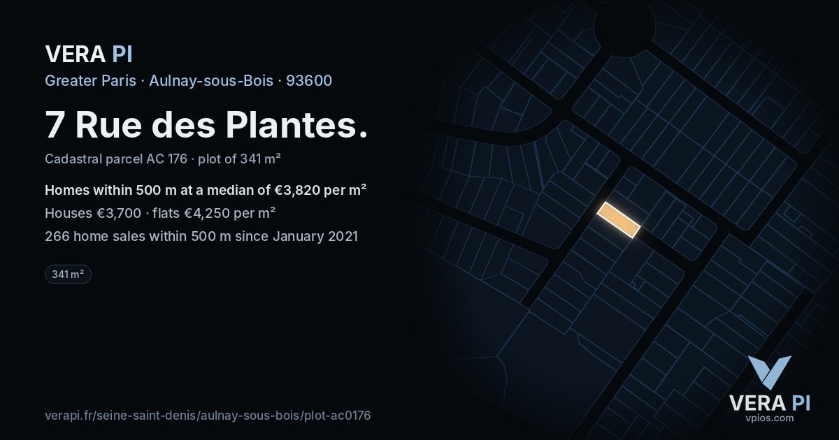 7 Rue des Plantes, Aulnay-sous-Bois at night – the plot lit, the parcels around coloured by the prices near them