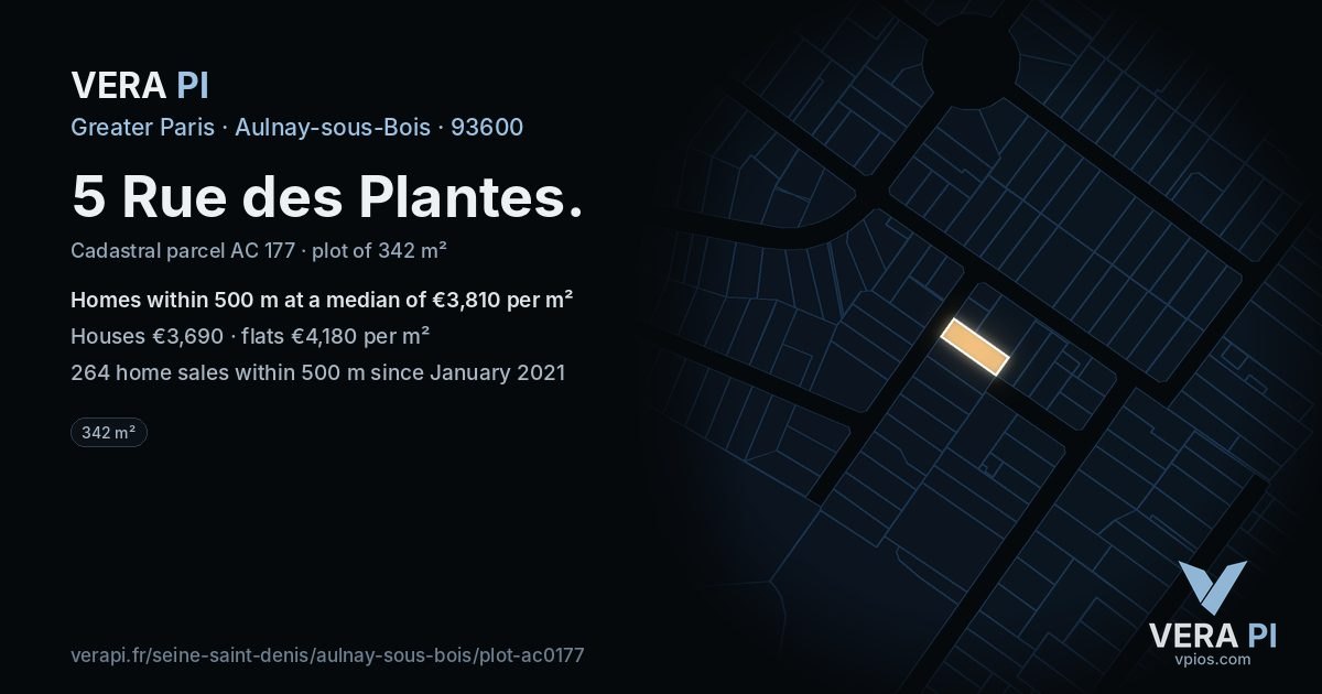 5 Rue des Plantes, Aulnay-sous-Bois at night – the plot lit, the parcels around coloured by the prices near them