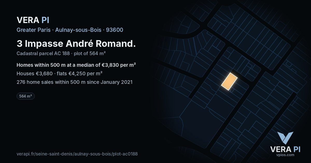 3 Impasse André Romand, Aulnay-sous-Bois at night – the plot lit, the parcels around coloured by the prices near them