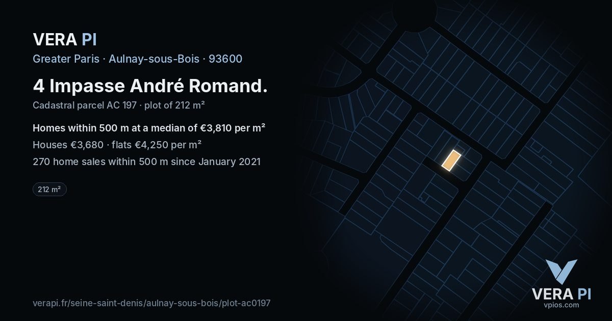 4 Impasse André Romand, Aulnay-sous-Bois at night – the plot lit, the parcels around coloured by the prices near them