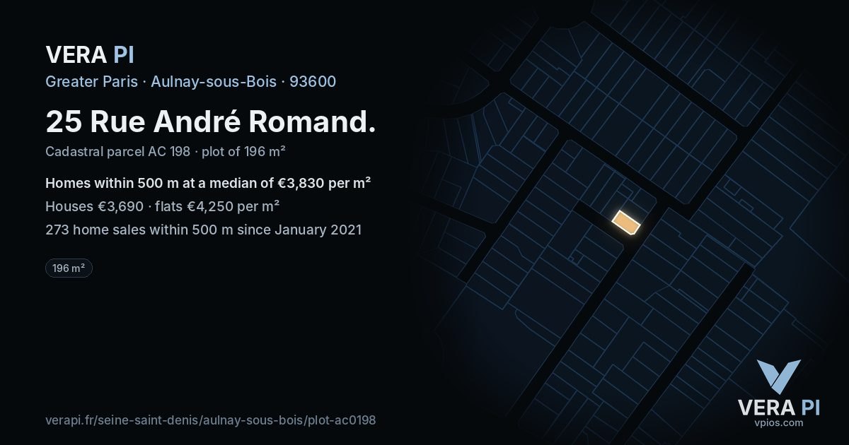25 Rue André Romand, Aulnay-sous-Bois at night – the plot lit, the parcels around coloured by the prices near them