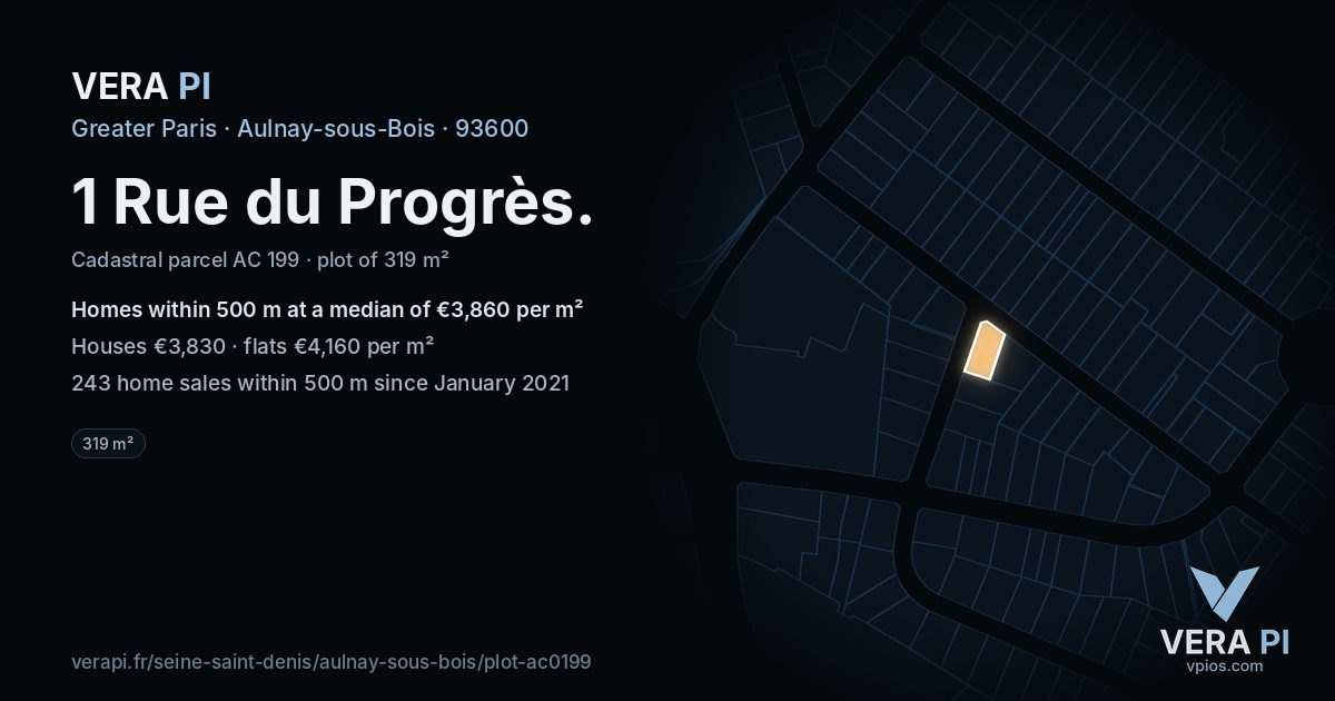 1 Rue du Progrès, Aulnay-sous-Bois at night – the plot lit, the parcels around coloured by the prices near them