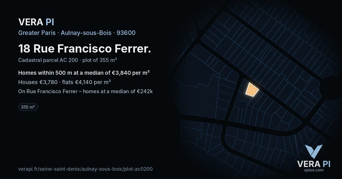 18 Rue Francisco Ferrer, Aulnay-sous-Bois at night – the plot lit, the parcels around coloured by the prices near them