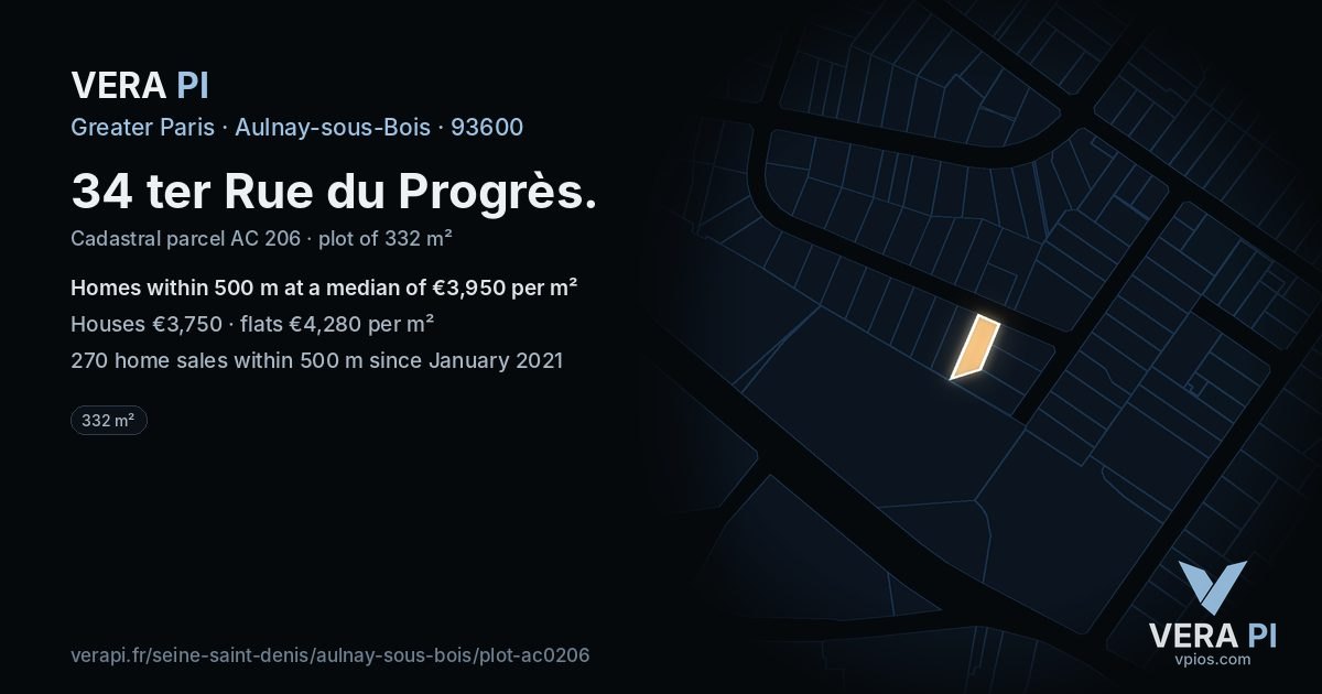 34 ter Rue du Progrès, Aulnay-sous-Bois at night – the plot lit, the parcels around coloured by the prices near them