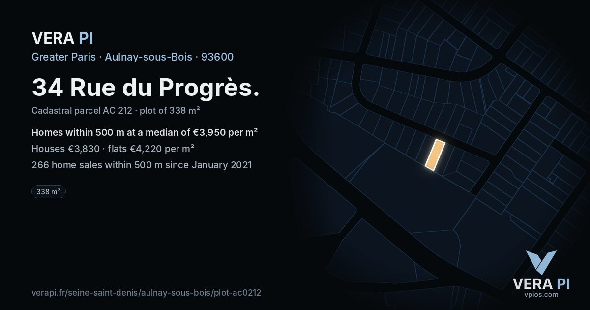 34 Rue du Progrès, Aulnay-sous-Bois at night – the plot lit, the parcels around coloured by the prices near them