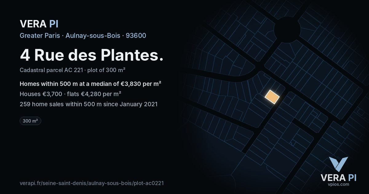 4 Rue des Plantes, Aulnay-sous-Bois at night – the plot lit, the parcels around coloured by the prices near them
