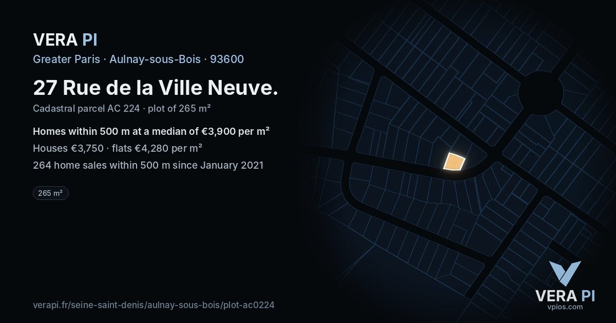 27 Rue de la Ville Neuve, Aulnay-sous-Bois at night – the plot lit, the parcels around coloured by the prices near them