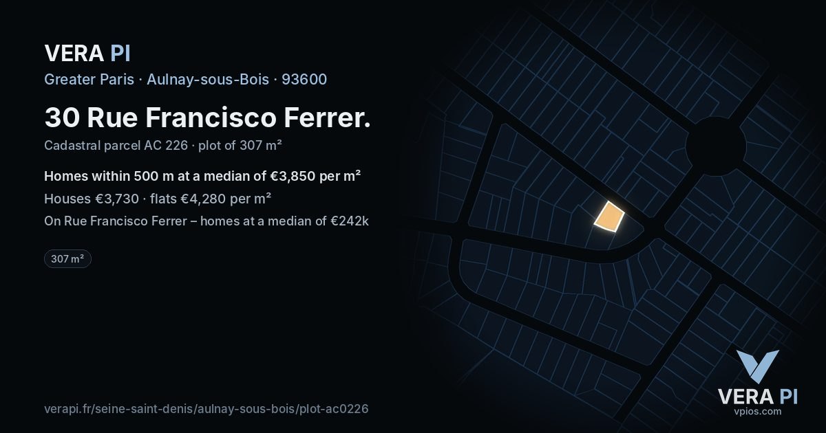 30 Rue Francisco Ferrer, Aulnay-sous-Bois at night – the plot lit, the parcels around coloured by the prices near them
