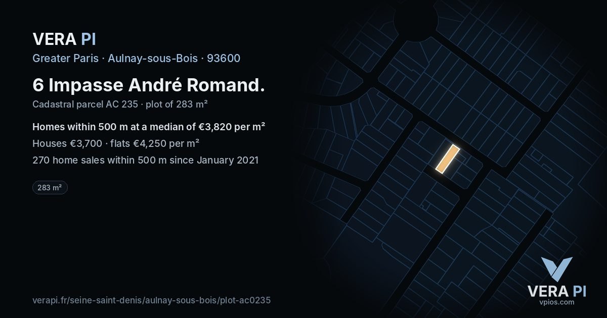 6 Impasse André Romand, Aulnay-sous-Bois at night – the plot lit, the parcels around coloured by the prices near them