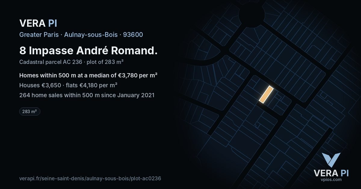 8 Impasse André Romand, Aulnay-sous-Bois at night – the plot lit, the parcels around coloured by the prices near them
