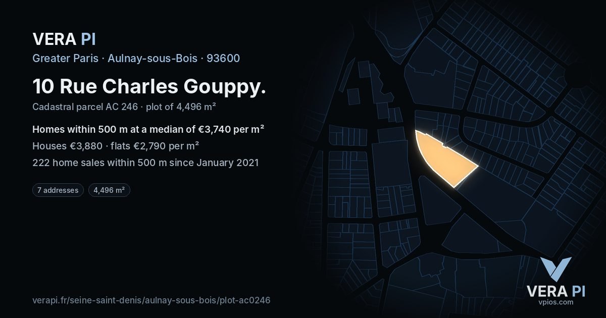 10 Rue Charles Gouppy, Aulnay-sous-Bois at night – the plot lit, the parcels around coloured by the prices near them