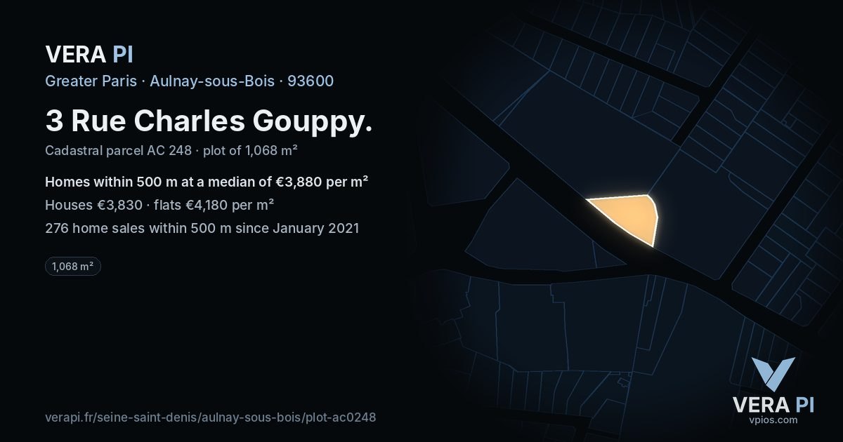 3 Rue Charles Gouppy, Aulnay-sous-Bois at night – the plot lit, the parcels around coloured by the prices near them