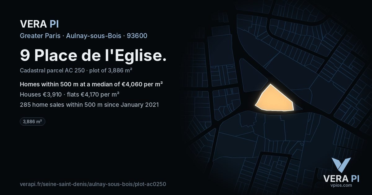 9 Place de l'Eglise, Aulnay-sous-Bois at night – the plot lit, the parcels around coloured by the prices near them