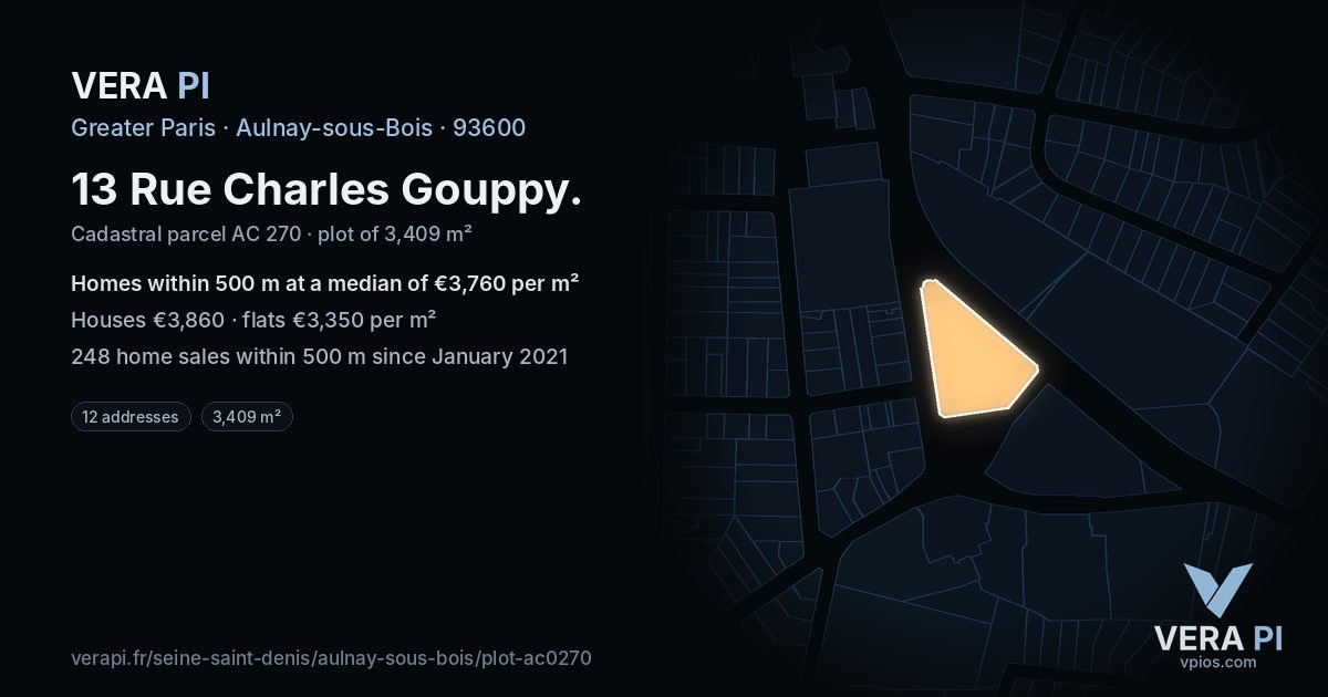 13 Rue Charles Gouppy, Aulnay-sous-Bois at night – the plot lit, the parcels around coloured by the prices near them
