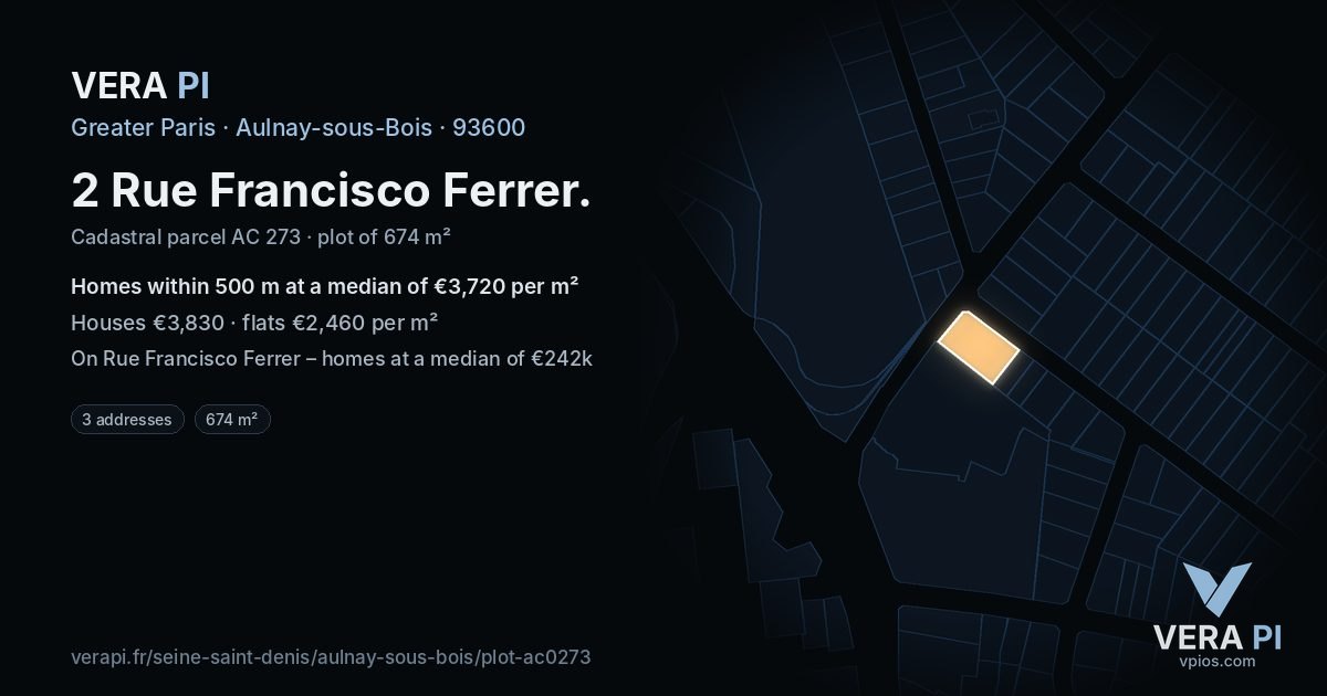 2 Rue Francisco Ferrer, Aulnay-sous-Bois at night – the plot lit, the parcels around coloured by the prices near them