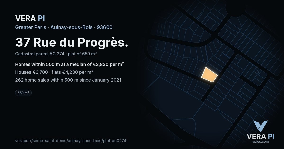37 Rue du Progrès, Aulnay-sous-Bois at night – the plot lit, the parcels around coloured by the prices near them