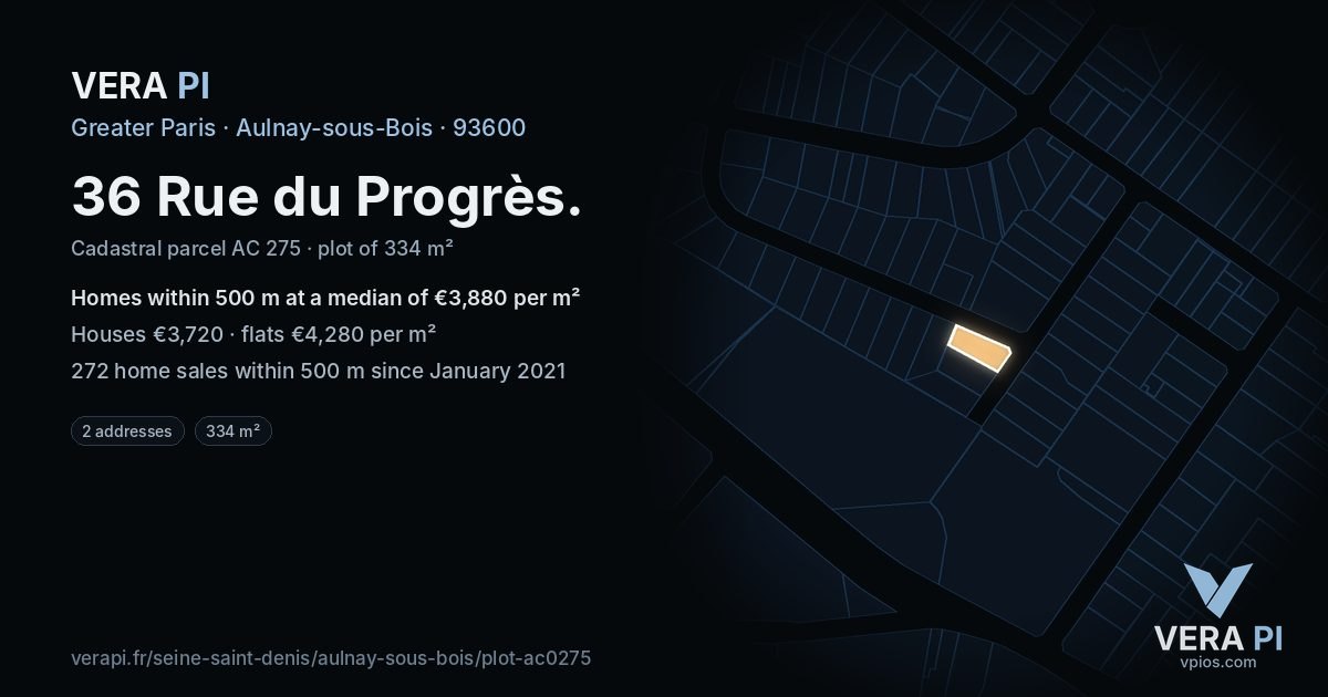36 Rue du Progrès, Aulnay-sous-Bois at night – the plot lit, the parcels around coloured by the prices near them